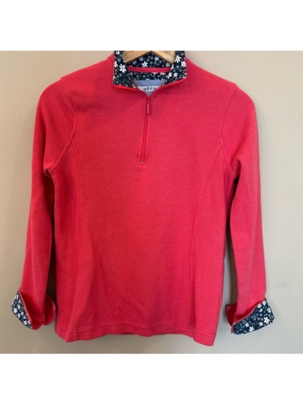 Orvis Women's 1/4 Zip Pull Over Sweatshirt Salsa Size Small Floral Cuffs Collar
